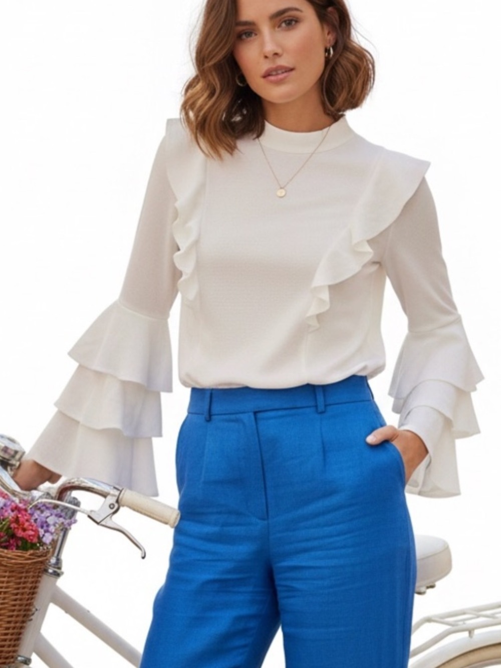 White Textured Ruffled Accent Mock Neck Blouse